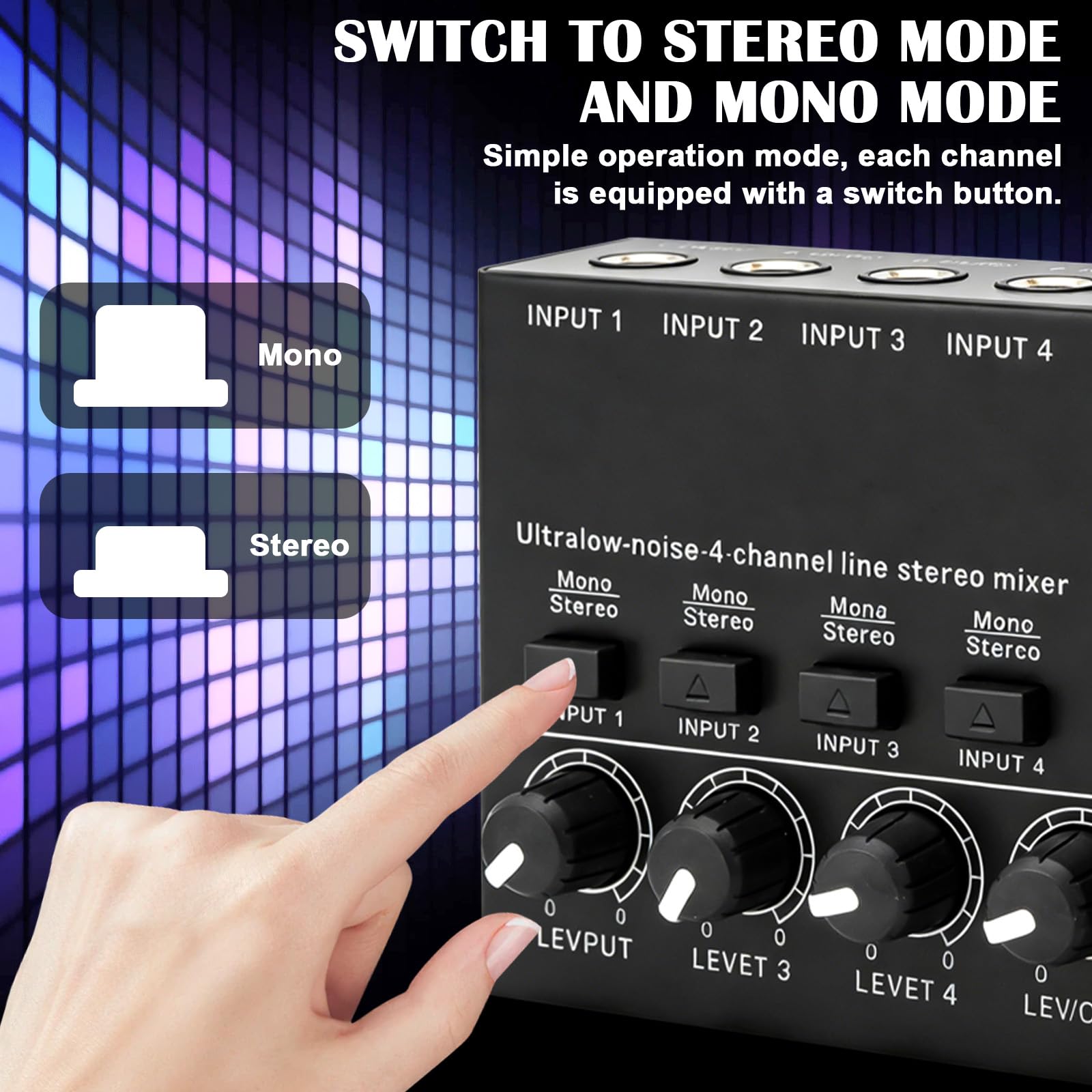 Mezclador de audio de 4 canales, mini mezclador estéreo activo, mesa de mezclas de audio, bajo ruido, control de volumen independiente, mesa de mezcla compacta para micrófonos, guitarras, bajos