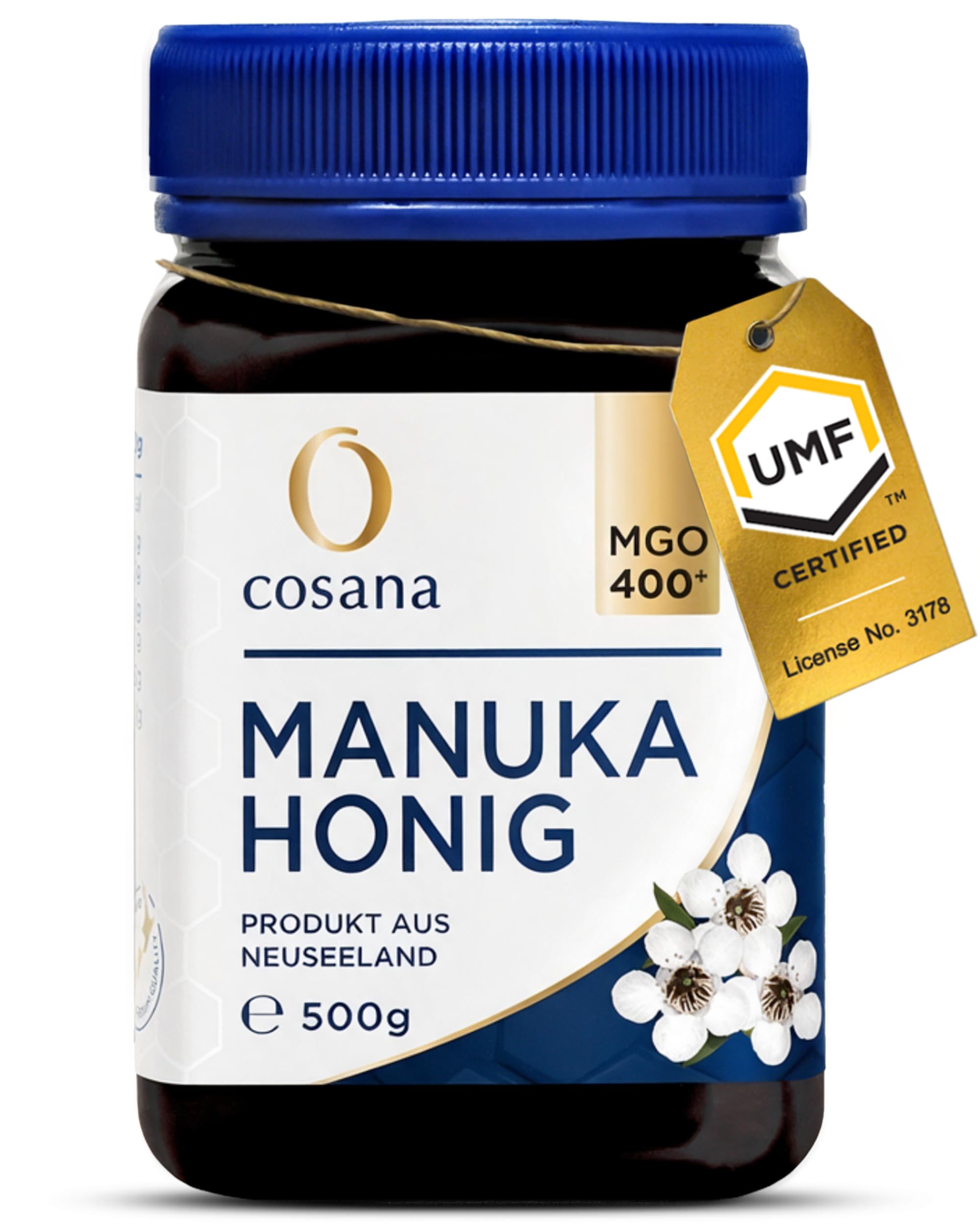 Cosana Manuka Honig 400+ MGO, UMF 13+, direkt aus Neuseeland, 500g | Echtheit zertifiziert durch UMF, QR-Rückverfolgbar, Laborgeprüft, Eigene Abfüllanlage NZ, 100% Pur, Naturbelassen