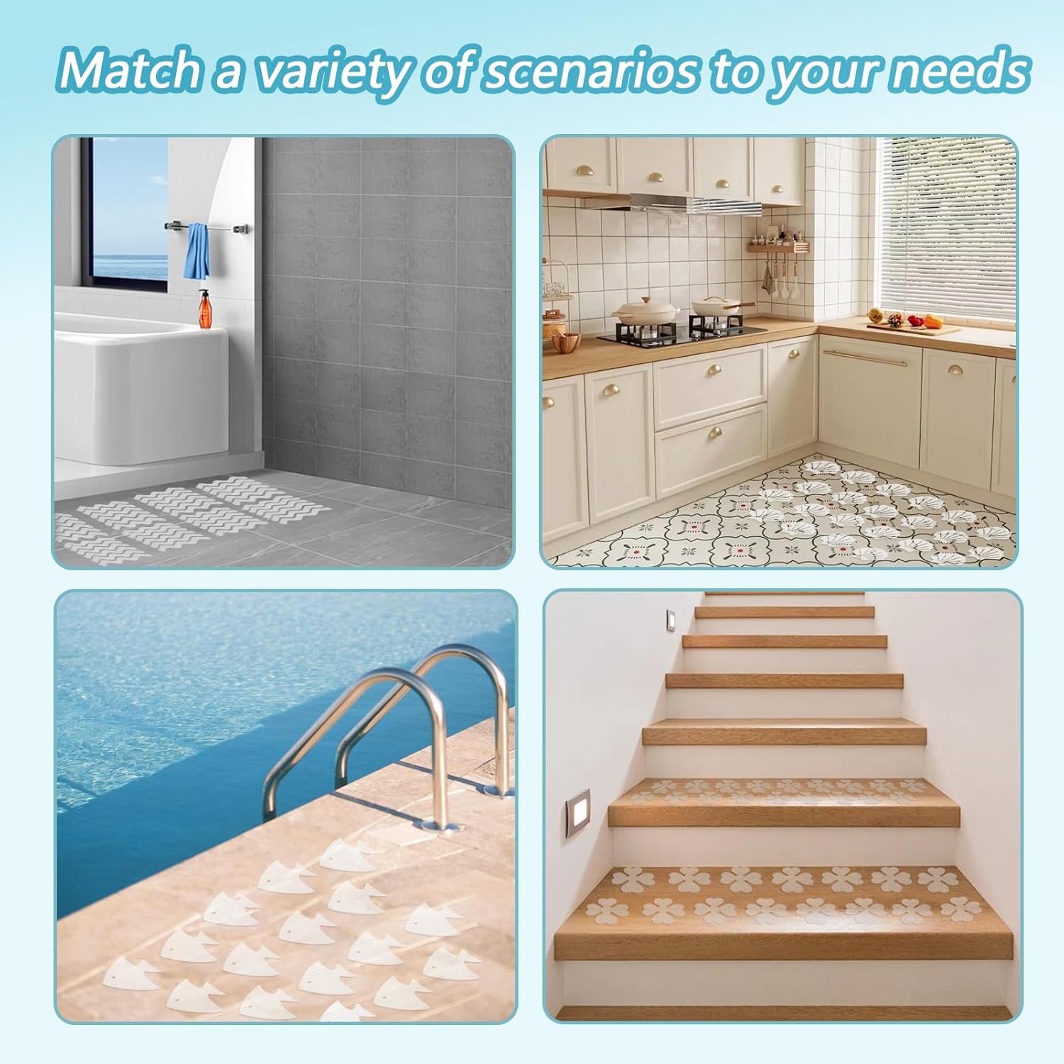 48Pcs Bathtub Stickers Non-Slip, FHDUSRYO Anti Slip Shower Stickers, Safety Shower Treads Strips with Scraper, Adhesive Decals Appliques for Bath Tub, Showers Floor, Stairs, Ladders (Blue)