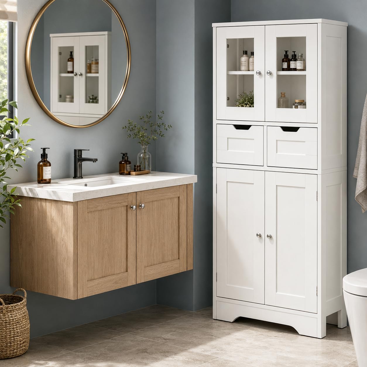 Mueble Columna de Baño Blanco, 30 cm de Fondo, 2 Cajones, 128 cm de Alto | Armario auxiliar para baño con 2 puertas de vidrio, 2 puertas opacas y 2 estantes regulables en 3 alturas.