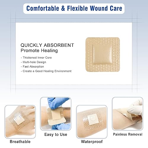 Miniatura 3 de Apósito de espuma de silicona con borde adhesivo suave de 2 x 2 pulgadas, paquete de 5 vendajes impermeables para heridas, vendajes para heridas de