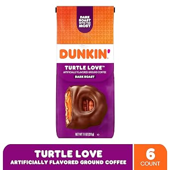 Dunkin Turtle Love Artificially Flavored Ground Coffee, 6 (11 Oz.) Bags | 66 oz. total. Notes of caramel, pecan & dark chocolate. Dark roast. Made with arabica coffee. SNAP EBT eligible.