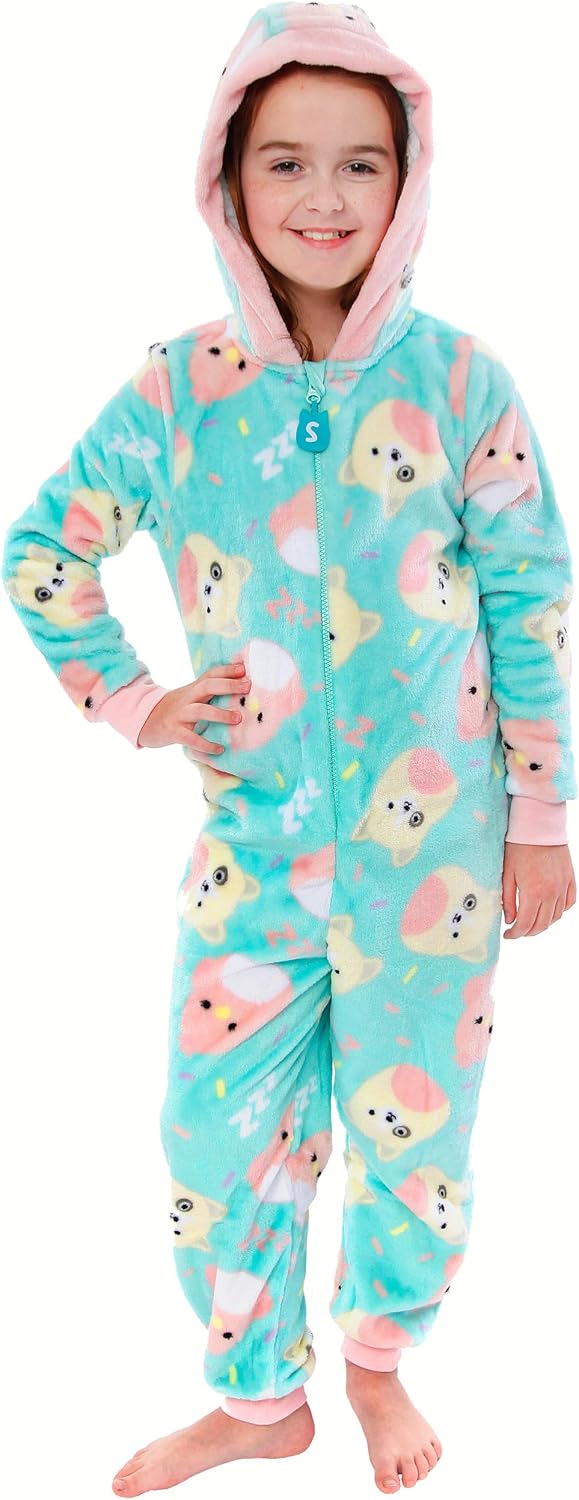 Squishmallows Girls' Onesie Hooded Fleece All In One Nightwear For Kids