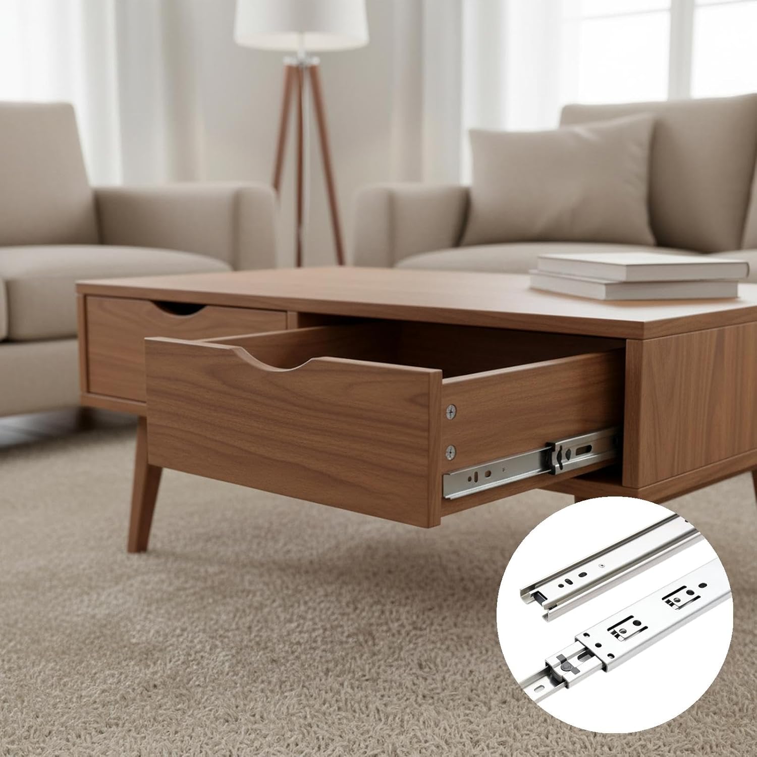 Three-Section Drawer Slide for Cabinets and Coffee Tables – White Cold-Rolled Steel with Ball Bearing, Soft-Close Damping (Silver,14.76×1.50×0.49in)