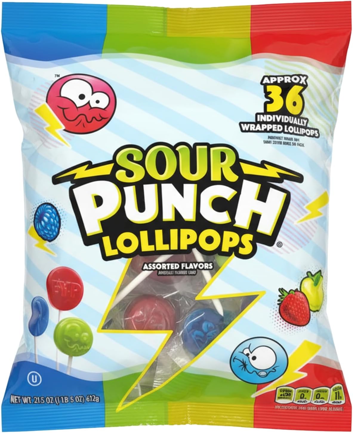 Sour Punch Lollipops Sour Fruit, Individually Wrapped 36 Count