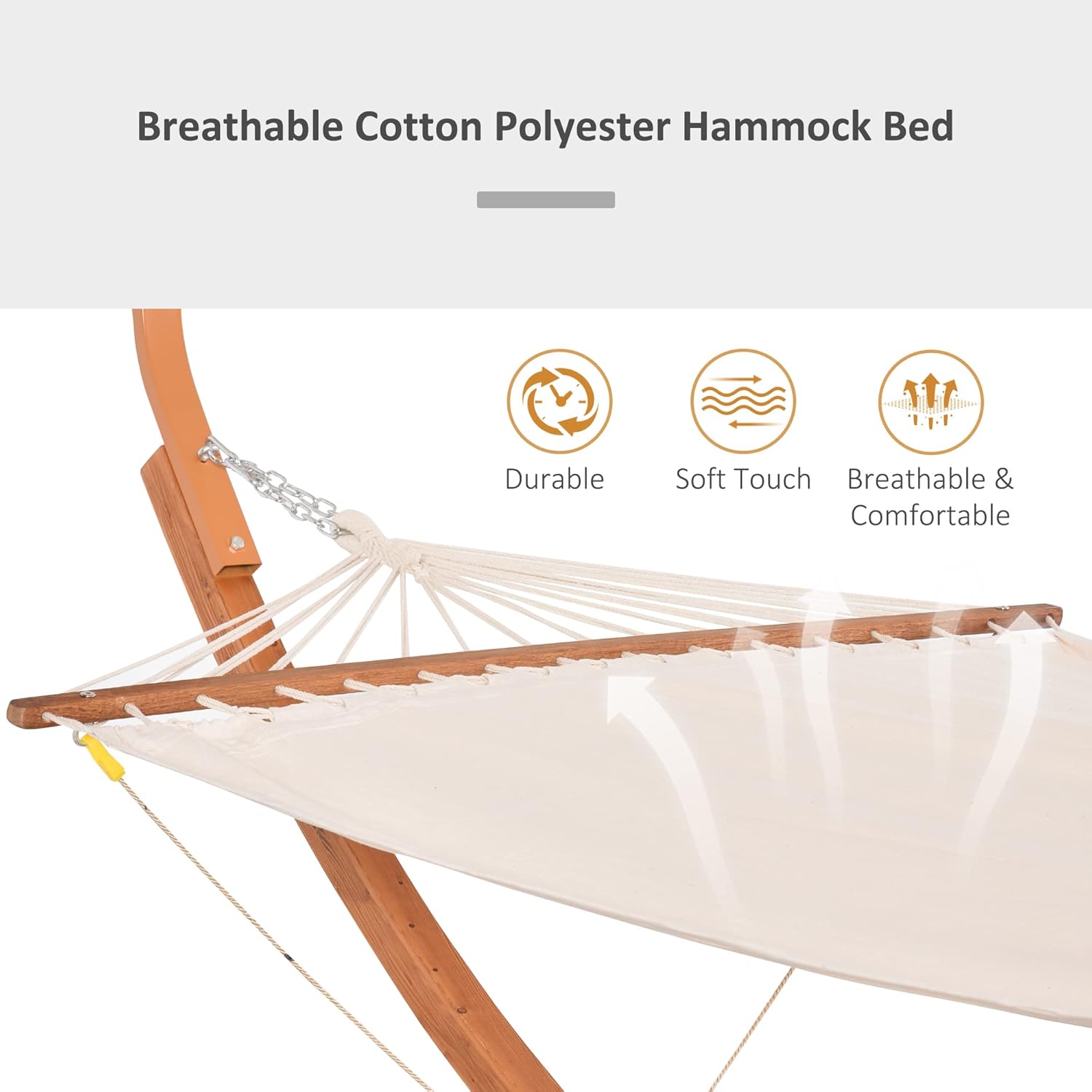 Close-up of the breathable cotton polyester hammock bed, highlighting its durable, soft touch, breathable, and comfortable qualities