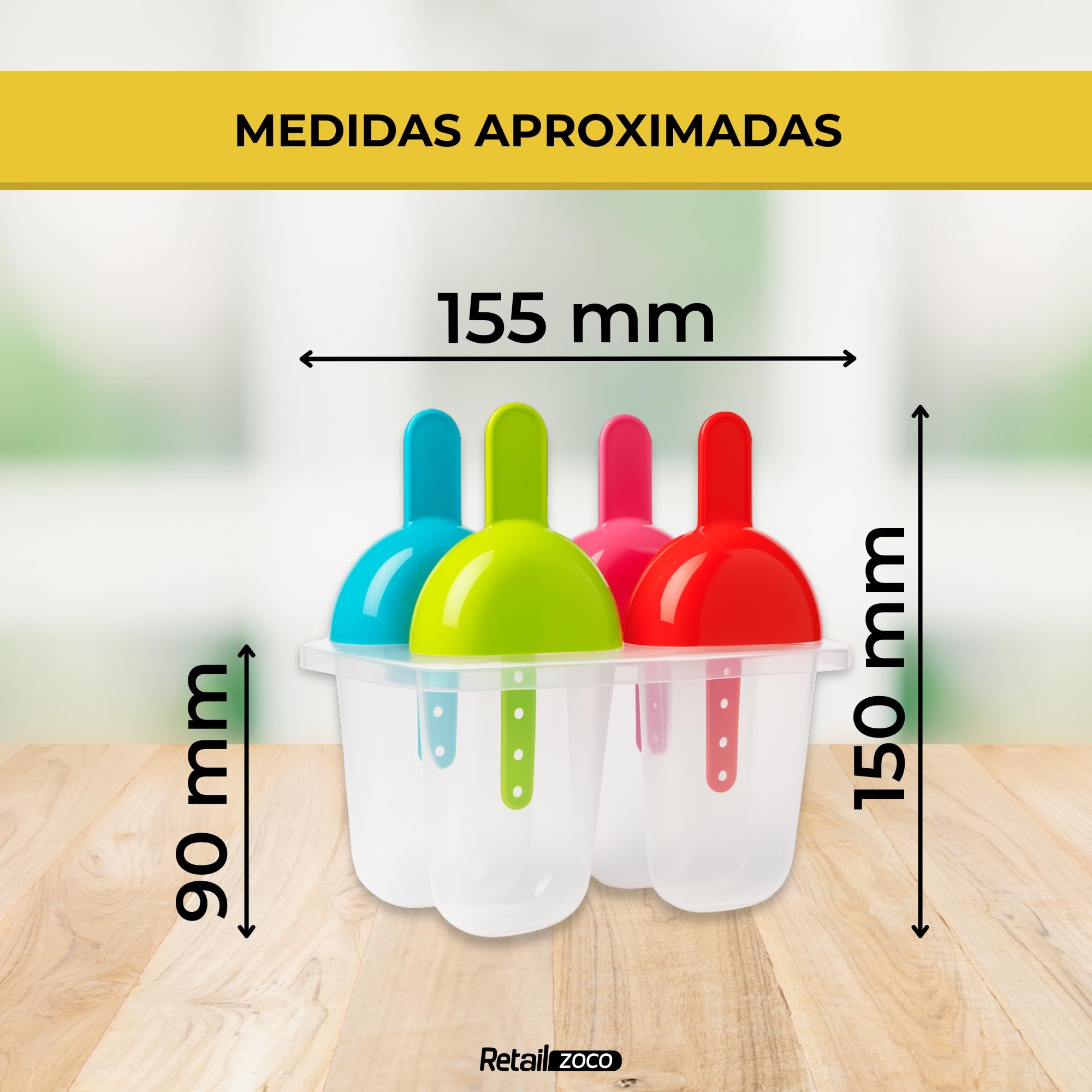 CHEFZOCO Molde Para Helados, Moldes para polos, Moldes para helados caseros, Moldes de verano, Moldes reutilizables para helados, Tamaño 15.5 cm, Reutilizable, Libre de BPA, Contiene 4 moldes
