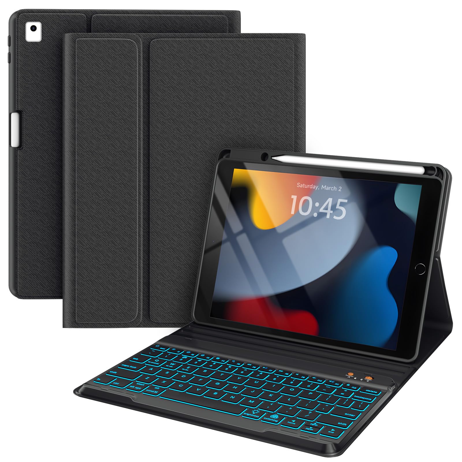 BLUTLOTUS for iPad 9th Generation Case with Keyboard 10.2 Inch - Backlit Wireless Detachable Folio Keyboard Cover with Pencil Holder for iPad 8th Gen/7th Gen/iPad Pro 10.5"/iPad Air 3rd Gen (Black)