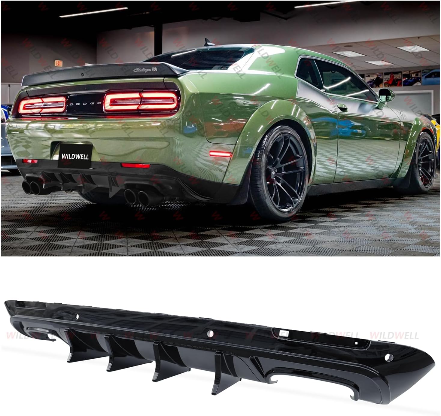 WildWell Rear Bumper Diffuser For 2015-2024 Dodge Challenger SRT,Hellcat,Redeye,SXT,GT,RT,Scat Pack,392 and TA, Rear Diffuser Lip Spoiler Splitter Shark Fin Style Glossy Black