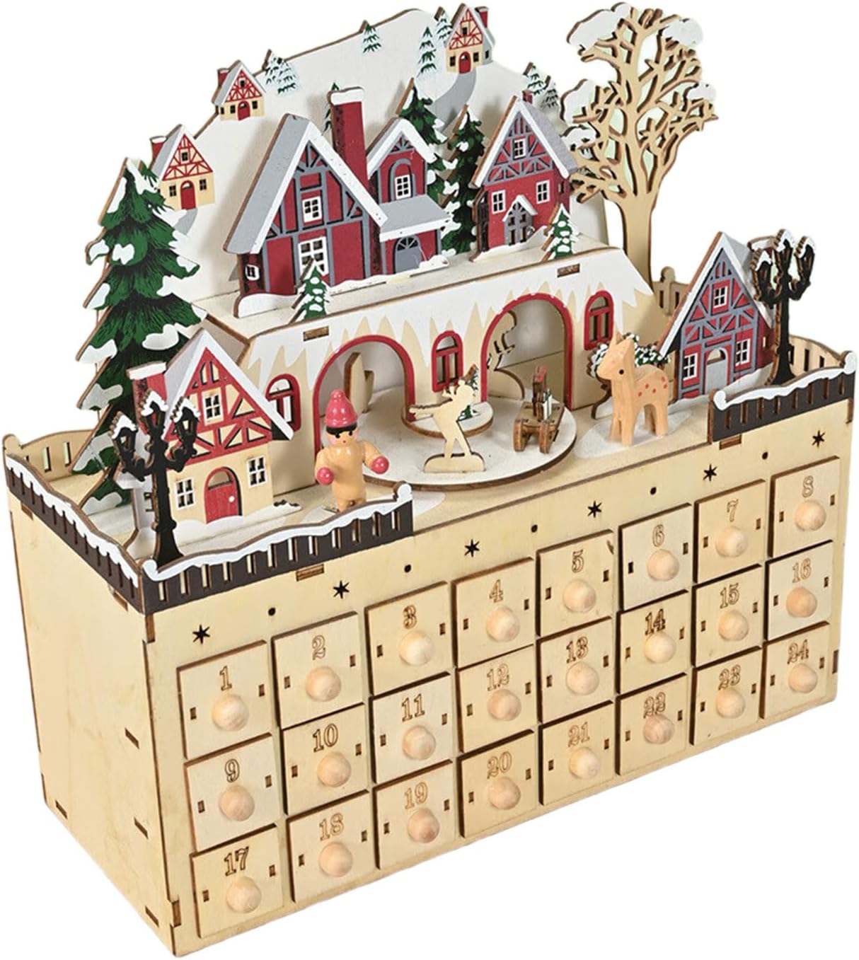 Natural Wood Christmas Advent Calendar Cabinet with 24 Gift Compartments Village House Count Down Ornament Christmas Count Down Calendar Cabinet