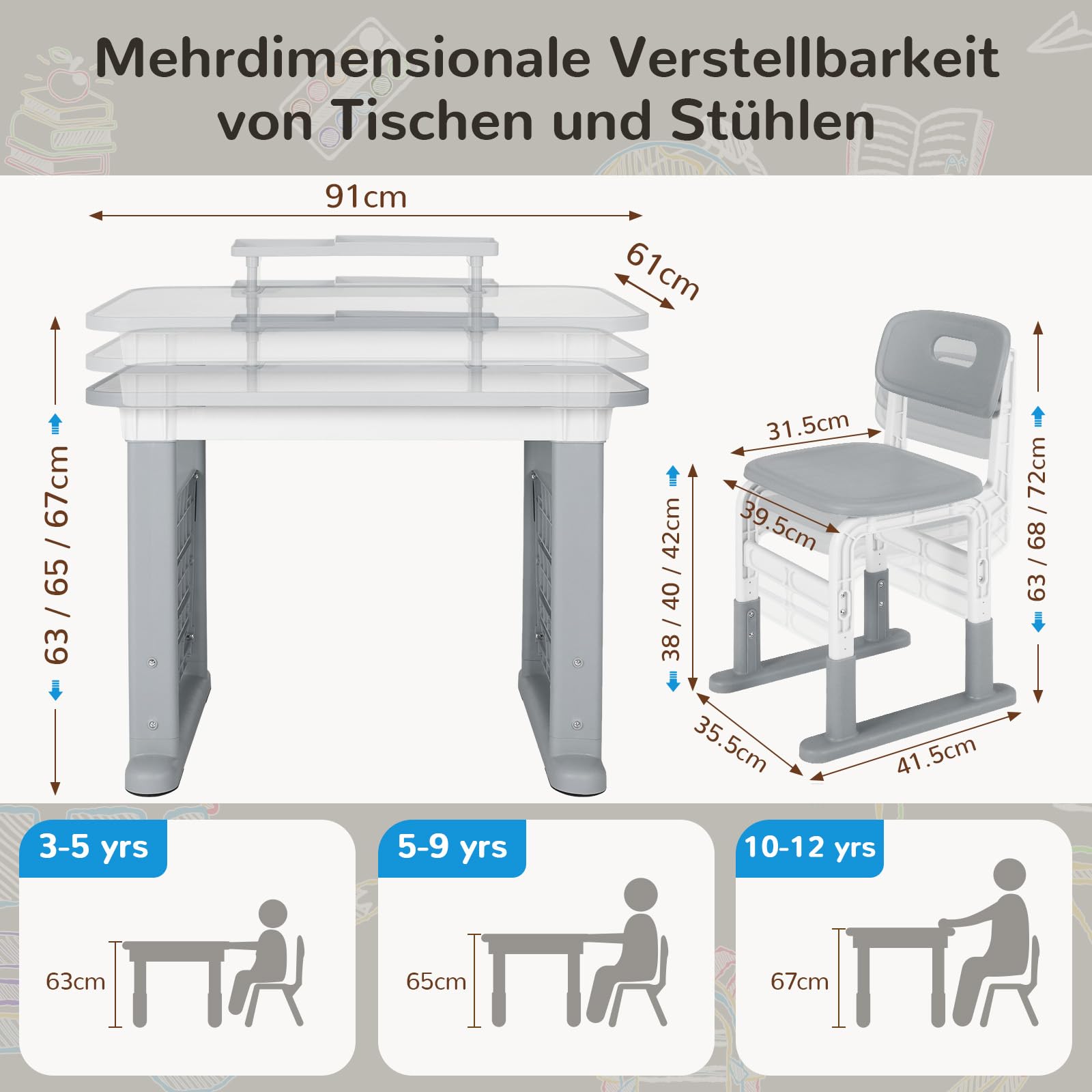 MAMIZO Höhenverstellbarer Kinderschreibtisch mit Stuhl Set, Graffiti-Tisch von 3-12 Jahren, Schreibtisch Kinder mit Seiten-Bücherregal & Ablagekasten, Ideal für Kinderzimmer & Arbeitszimmer (Grau)
