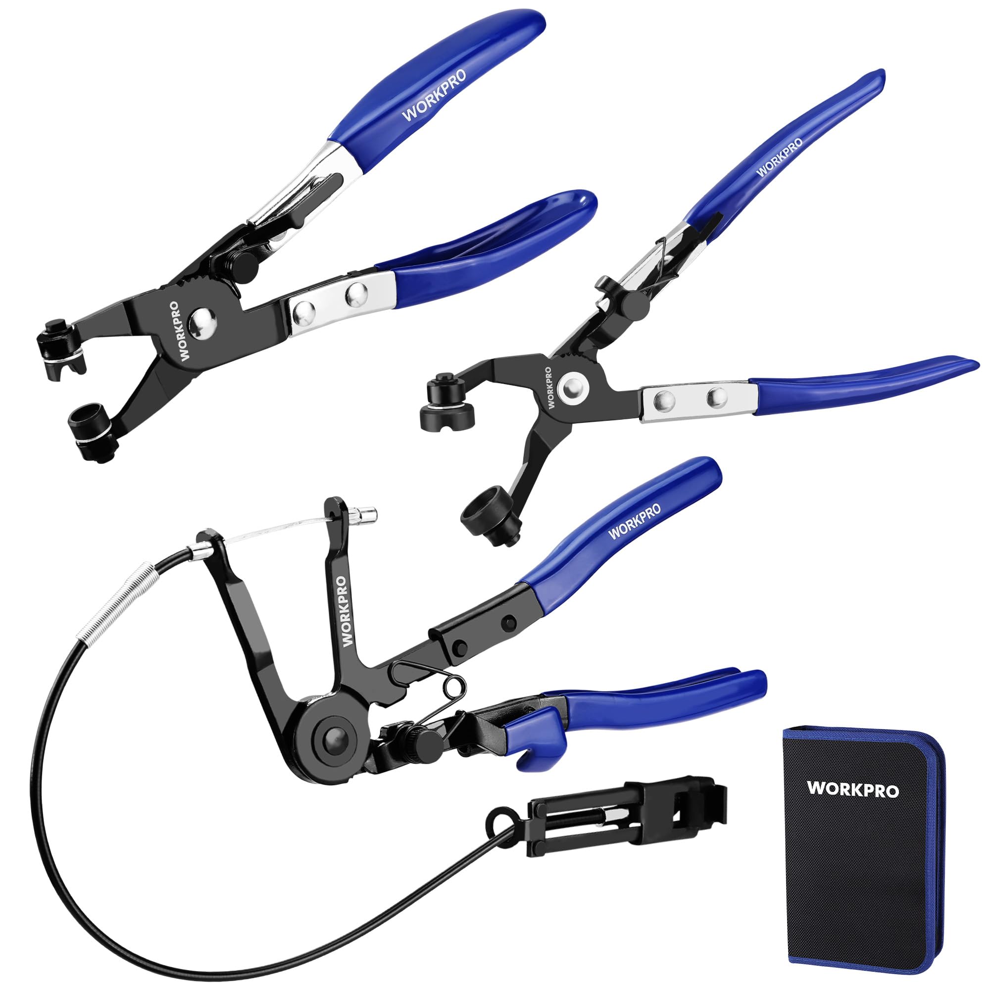 WORKPRO 3-Piece Hose Clamp Pliers Set with Pouch - 27" Long Reach Wire Spring Hose Clamp Plier & Angled Spring Clamp & Flat Band Pliers for Removal,