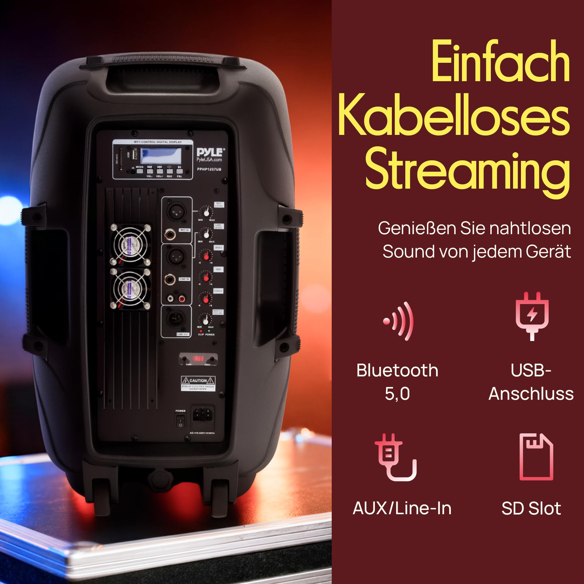 Pyle PA Lautsprecher 900W Bluetooth Partylautsprecher Tragbar USB SD AUX FM Schwarz