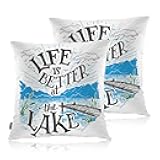 Swono Lake House Quote Throw Pillow Covers, Life is Better at The Lake Set of 2 Pillow Cases Decorative 18 X 18 Inches, Soft Cushion Cover Pillowcases for Bedroom, Living Room, Cushion Sofa