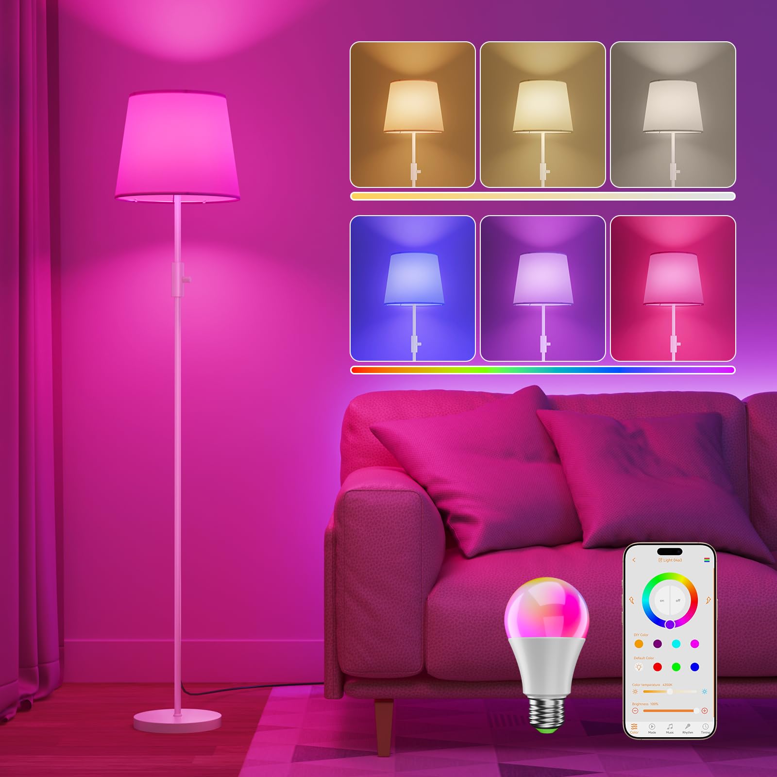 DUSKTEC Smart Alexa Floor Lamp for Living Room, RGB Colour Changing, Dimmable Standing Lamp Warm & Cold White, Standard Lamps with Fabric Lampshade for Bedroom Kids Room, Bulb Included (White)