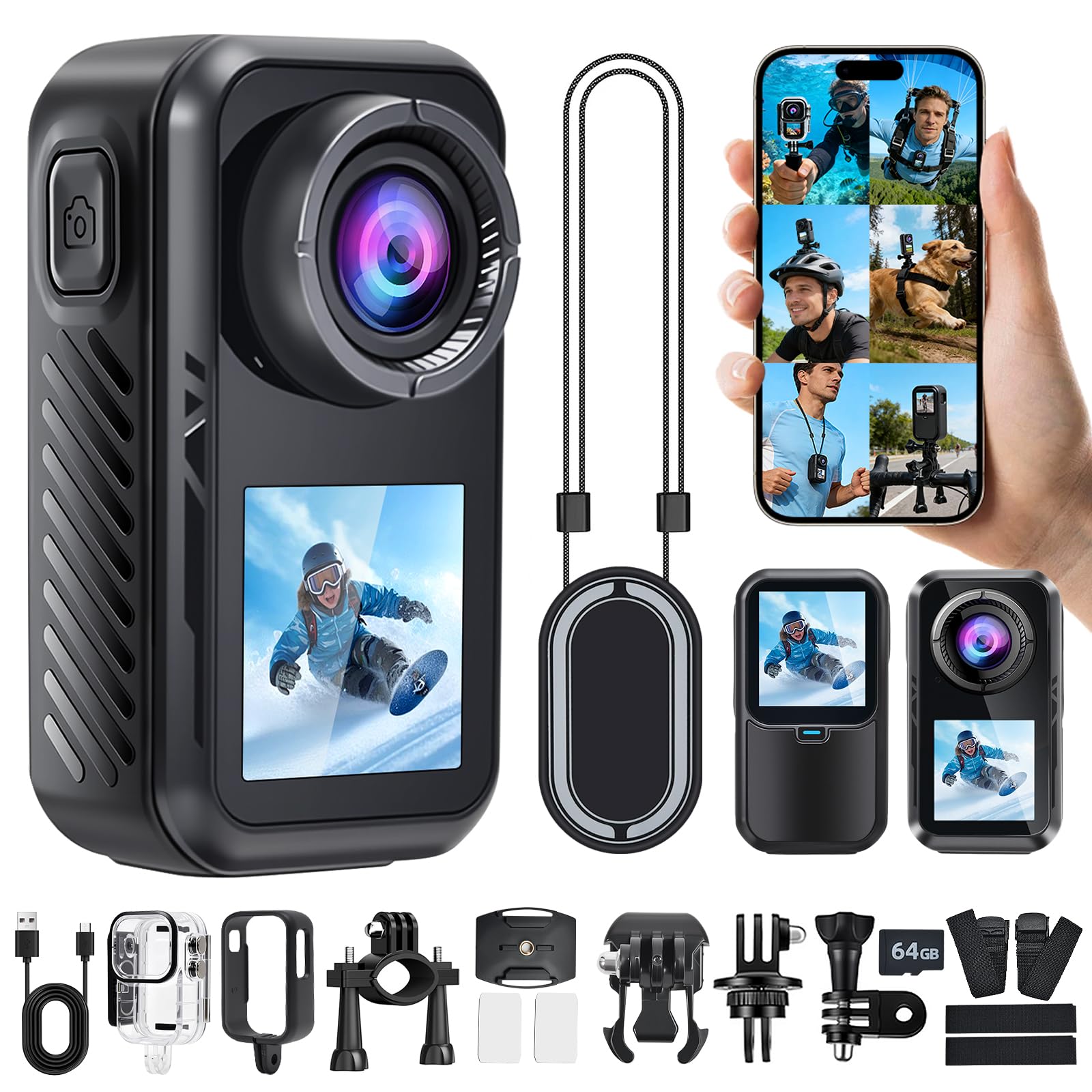 AIKER Action Cam 4k WiFi Aktualisierte Version,Ultra-Hd-Bildqualität/Elektronische Bildstabilisierung/Dual-Screen-Display Bodycam Helmkamera Motorrad,130° Action Kamera,Multifunctional Accessories