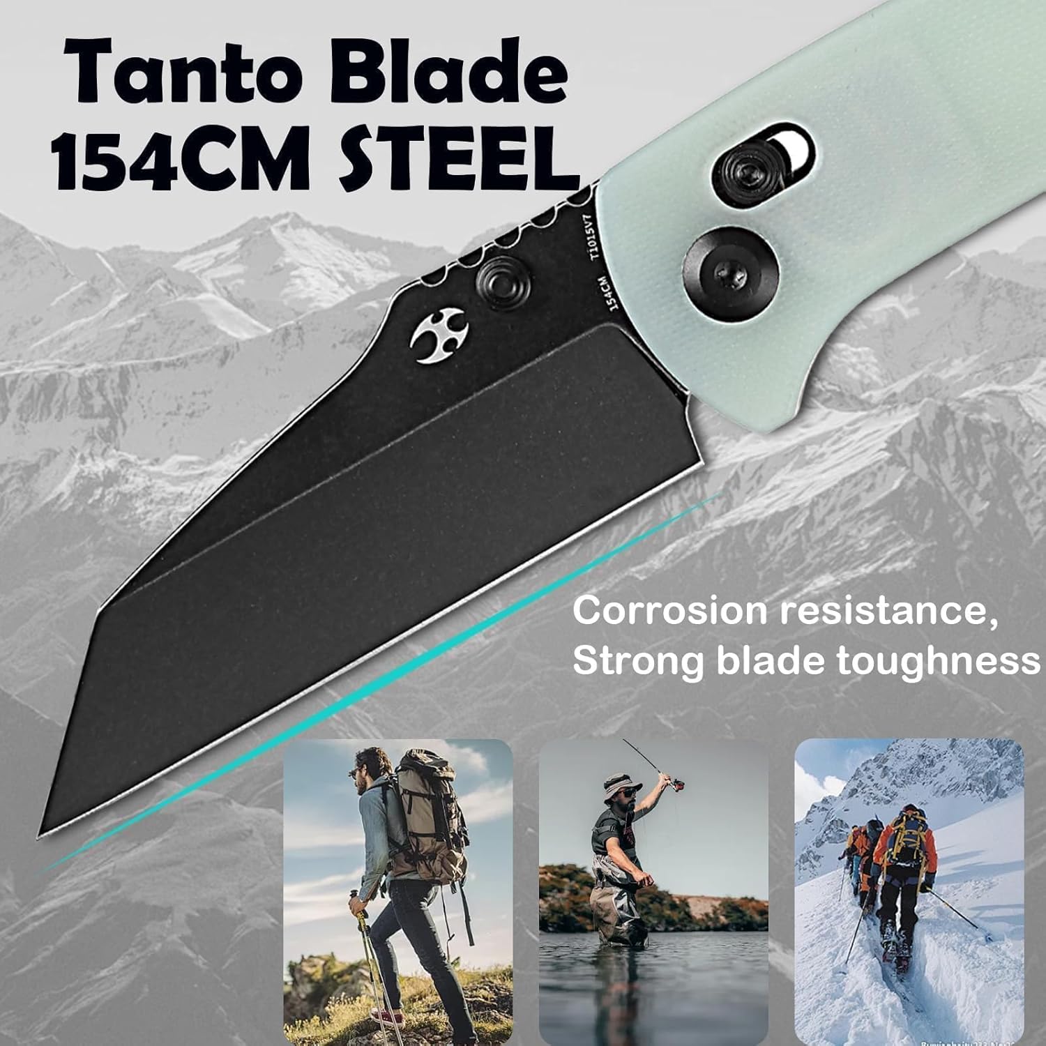 KANSEPT Main Street Pocket Folding Knife, 3.36''Black Ticn Coated 154CM Sharp Steel Blade, Jade G10 Handle and Thumb Stud, Perfect Clip for Camping Hiking Fishing Everyday Carry T1015v7