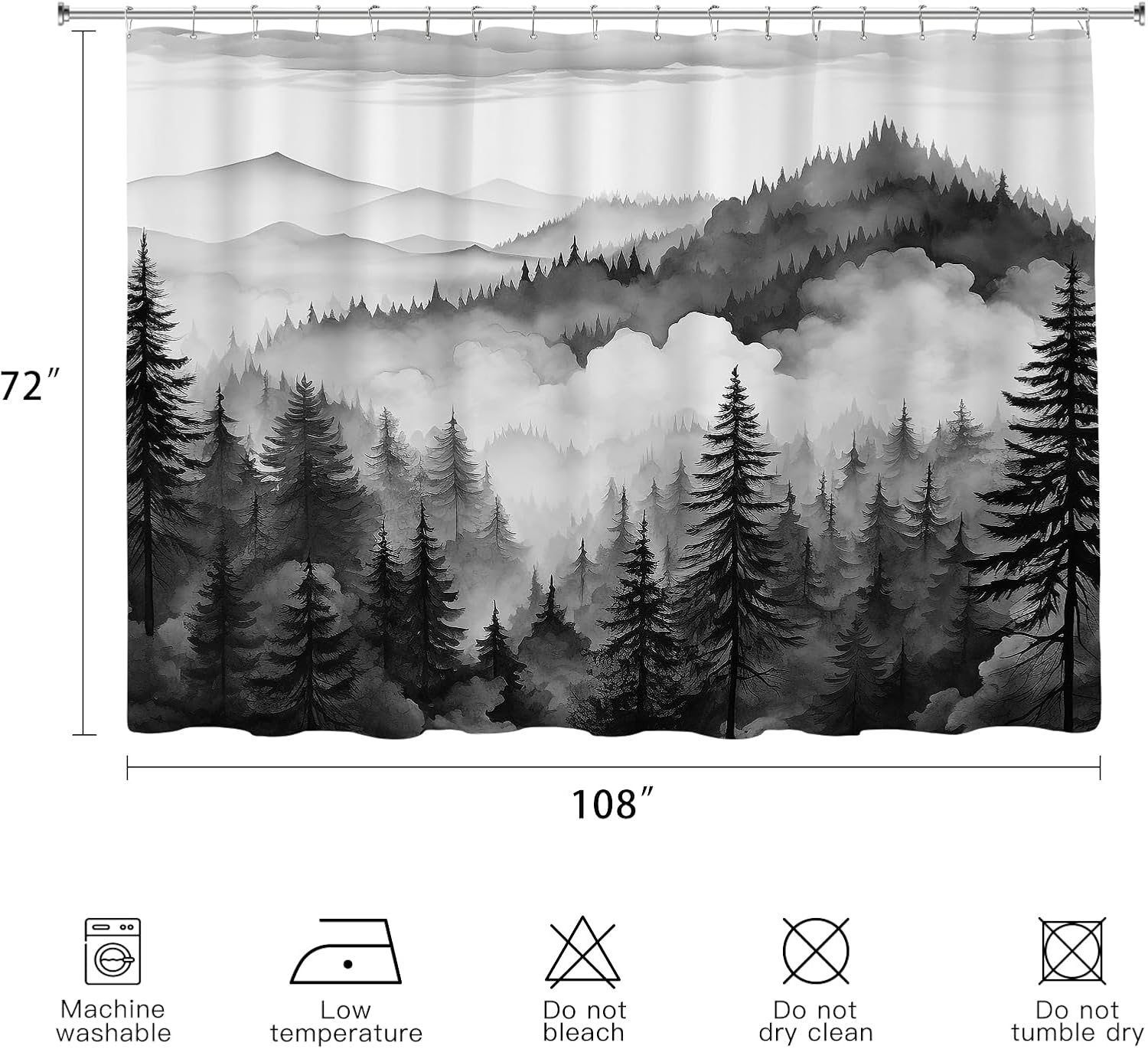 Extra Wide Forest Shower Curtain 108 x 72, Black and White Mountain Tree Shower Curtains for Claw Foot Tub, Nature Landscape 108 inch Long Shower Curtain Set with 18 Pack Plastic C-Hooks