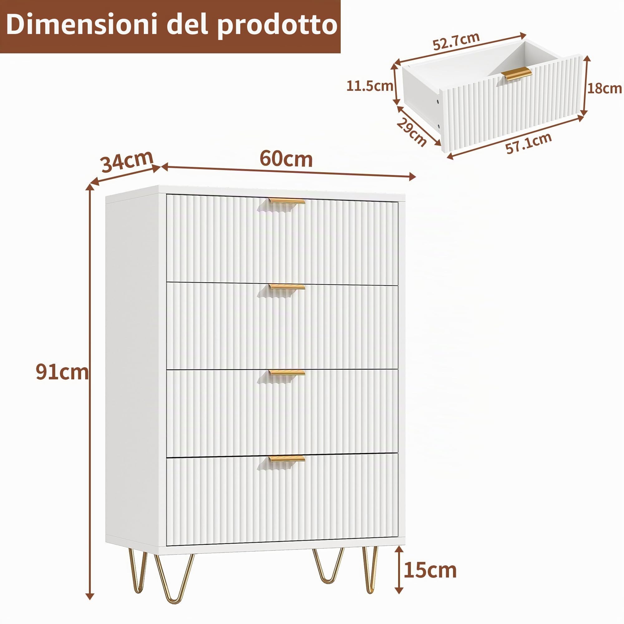 Comò Bianca con 4 cassetti, Cassettiera Scandinavo Moderno con Gambe e Maniglie in Metallo Oro, per Camera da Letto, Soggiorno, 60x34x90cm