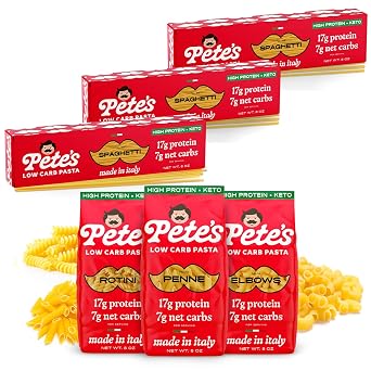 Petes Pasta 6 Pack Low Carb Pasta - 3 Spaghetti + Variety Short Penne, Rotini, Elbow , Protein Pasta - Authentic Italian Keto Pasta Noodles - Imported from Italy