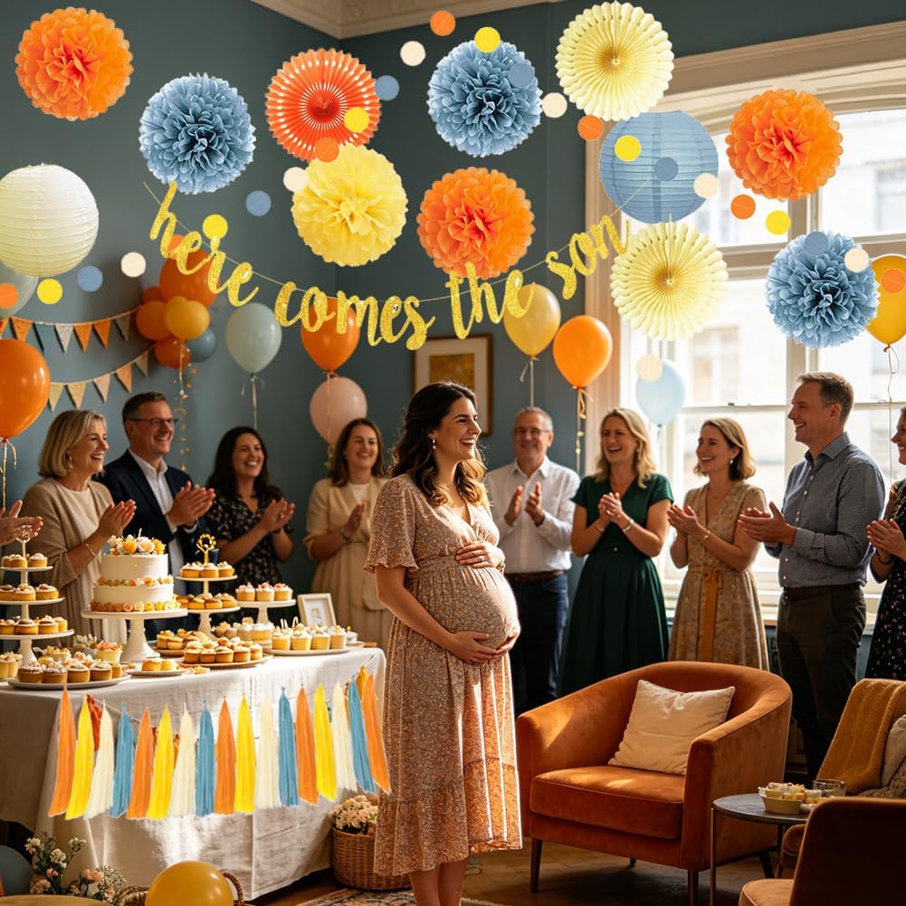 Here Comes the Son Baby Shower Decorations Boho Son Baby Shower Party Decor Dusty Blue Orange Yellow Paper Pom Poms Lanterns Tassels Garland Banner for Baby Boys Sunshine Retro Sun Baby Shower Party