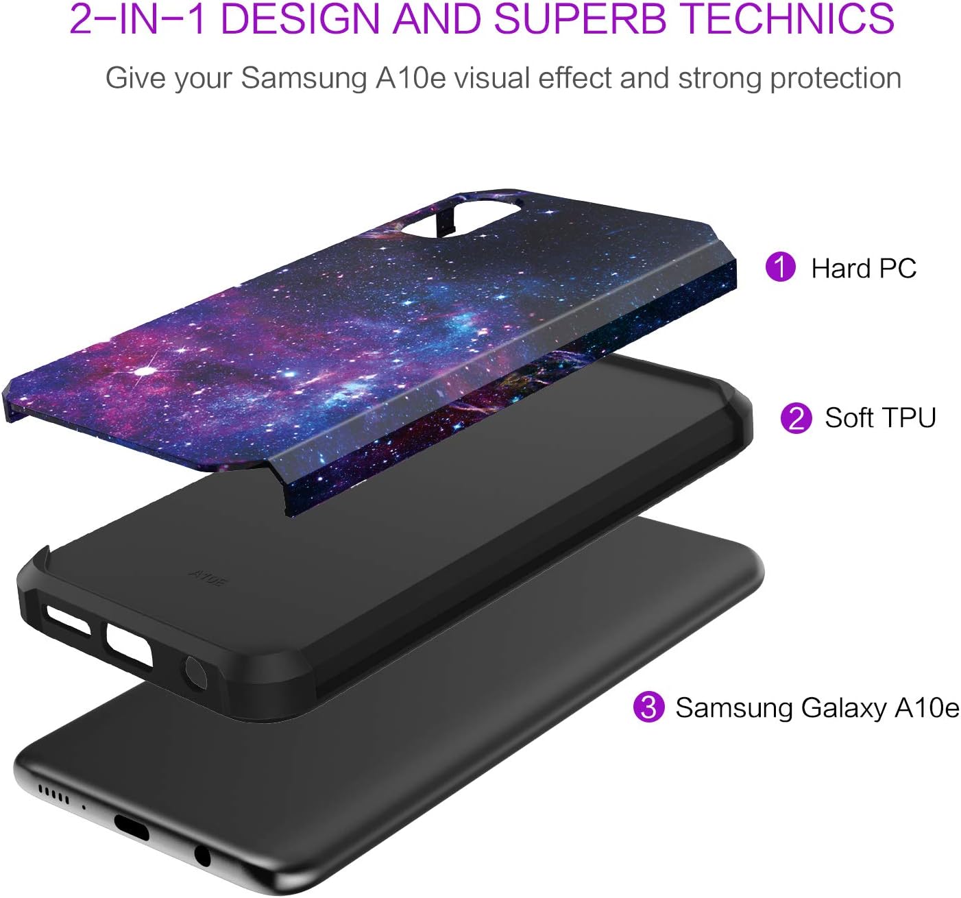 BENTOBEN Samsung A10e Case, Samsung Galaxy A10e Case, 2 in 1 Slim Hybrid Hard Cover Soft Rubber Bumper Rugged Shockproof Protective Phone Case for Samsung Galaxy A10e, Nebula