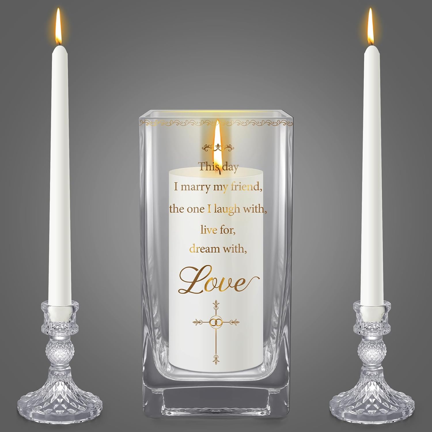 Unity Candles with Holder for Wedding Ceremony Set 1 6" Pillar 2 9.8'' Taper Candles 3 Candlestick for Religious Formal Events Church(Cross)