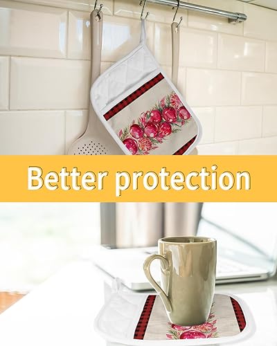 Miniatura 7 de Juego de 2 ollas de Navidad para cocina, antideslizantes y aislantes de calor, juego de agarraderas de tela de toalla con bolsillo, guantes gruesos