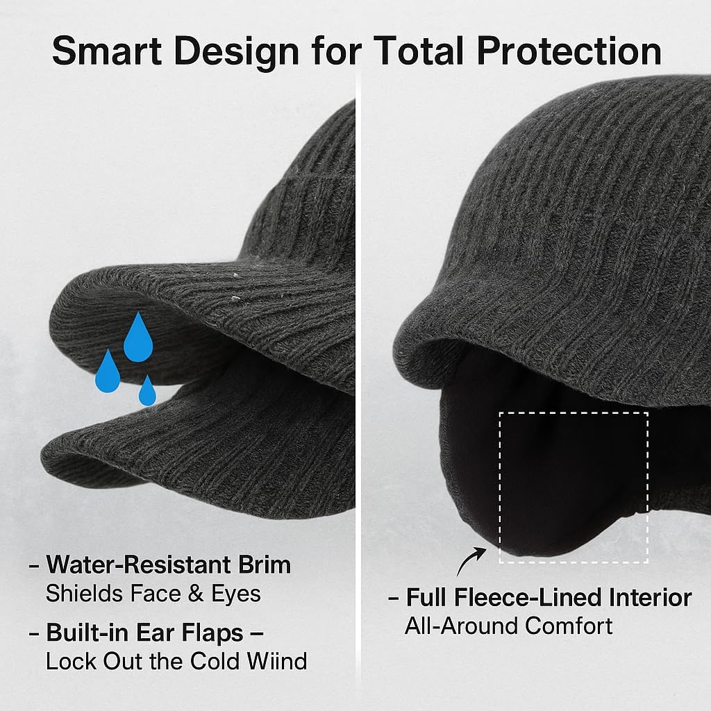 Plus Size M/L/XL/XXL Waterproof Merino Wool Beanie Hat with Brim Ear Flaps Fleece Lined Ski Cap for Cold Weather & Big Heads - Image 4