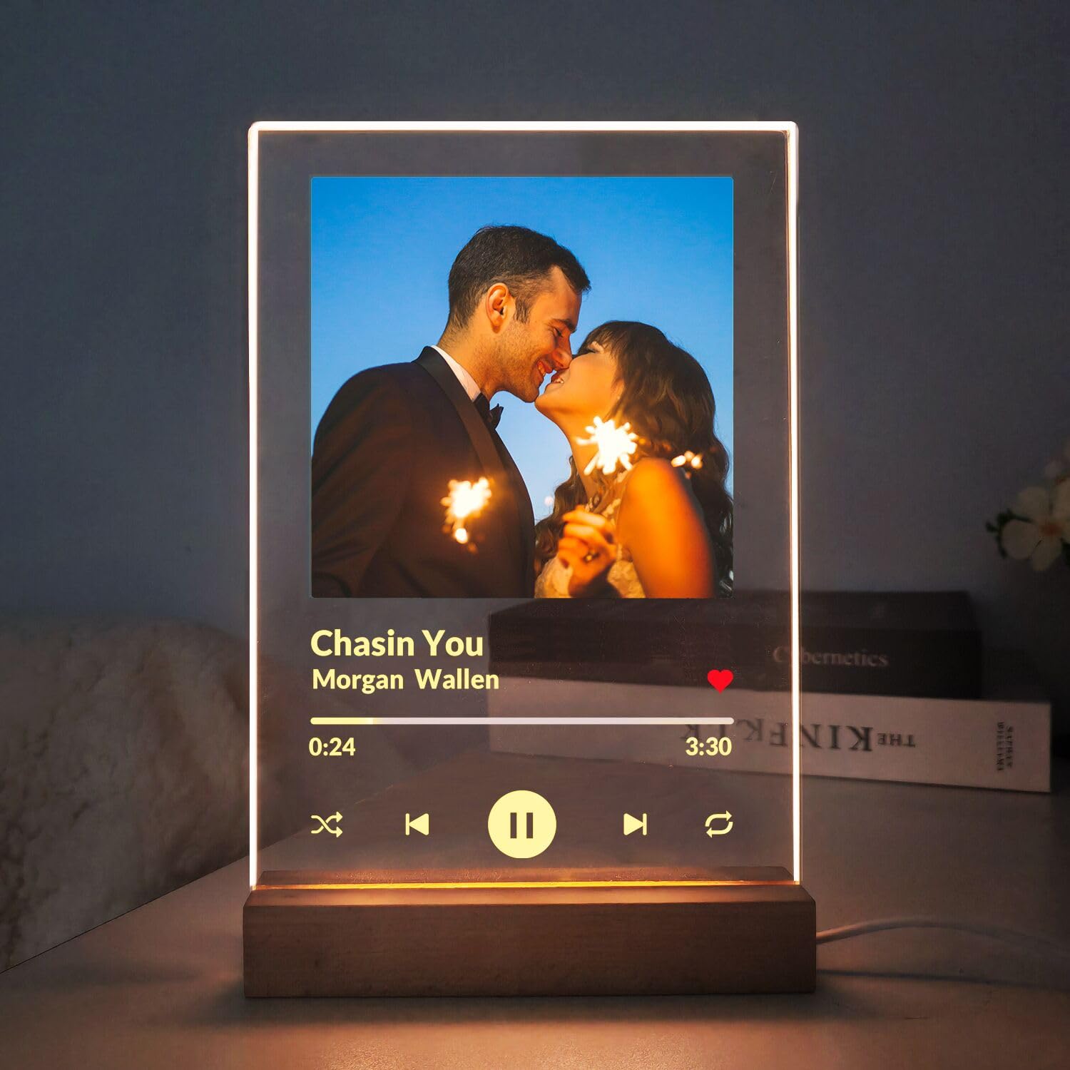 Custom Photo Song Plaque, Personalized Music Plaques with Picture for Boyfriend, Glass Art Album Cover Night Light Gifts for Couple Women Dad