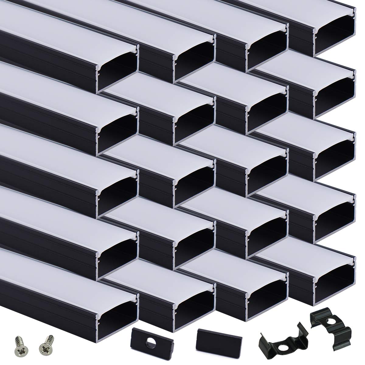 (incomplete) Muzata 20Pack 3.3FT/1M Black LED Channel System with Milky White Cover,16mm Wide Aluminum Extrusion Profile Track for Waterproof LED Strip Lights, U Shape, U102 1M BW, LU2 LP1