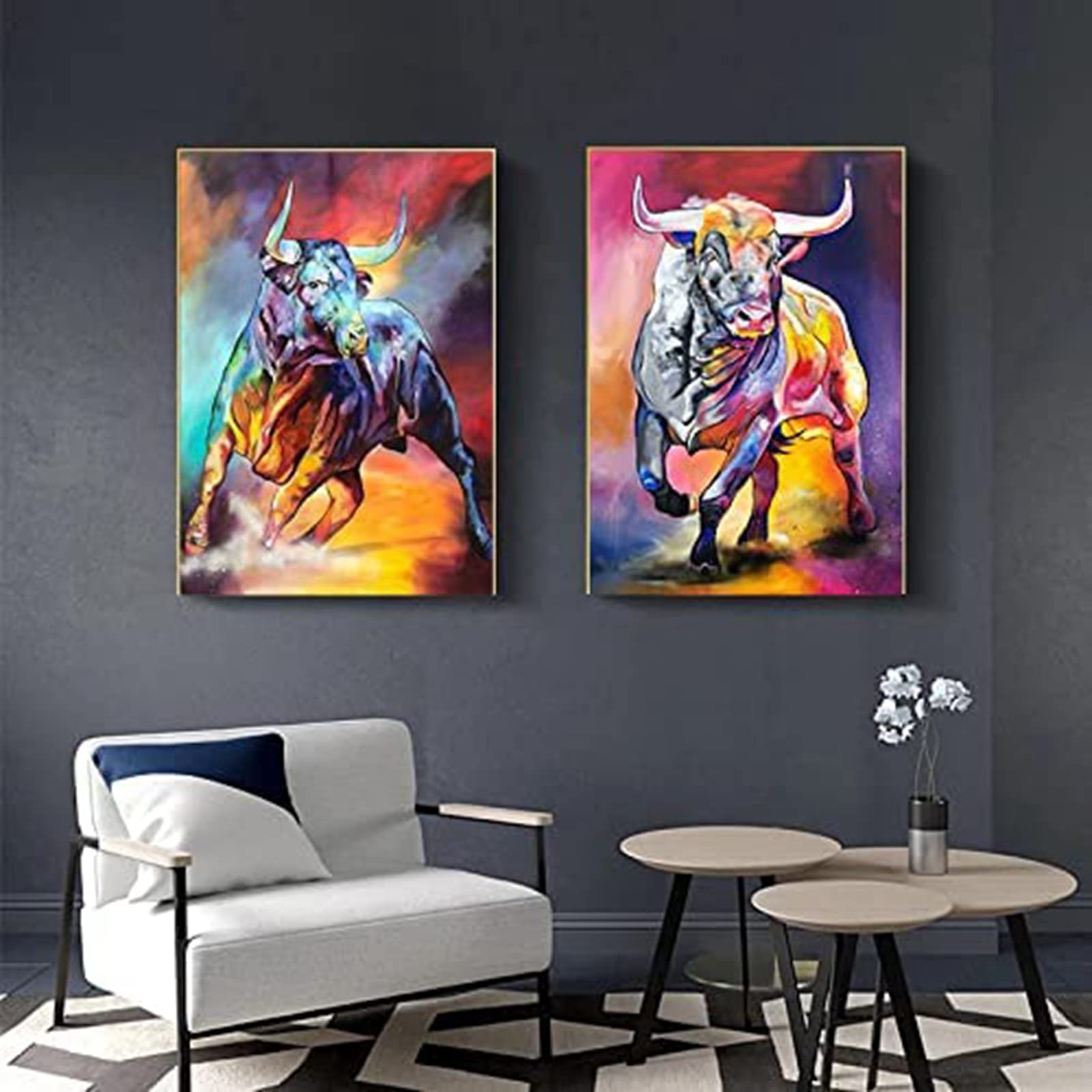 Toile peinture salon et chambre : 2 affiches taureau couleur 50x70cm pour decoration murale