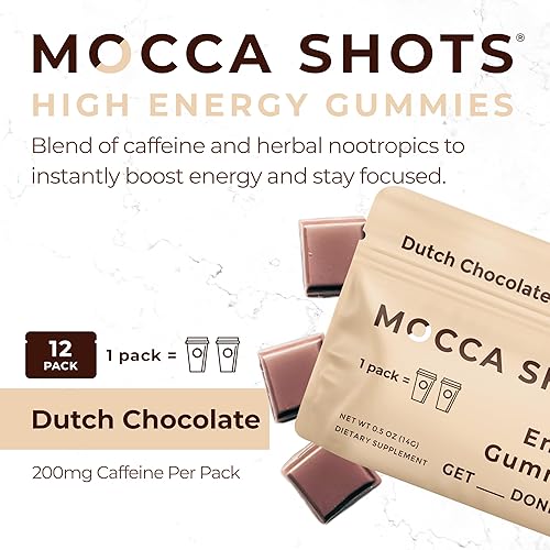 Vista 26 de Mocca Shots – Caramelo Salado 100 mg Gummies de cafeína (12 paquetes, 2 por paquete) Café Energía Masticar Gummy, Vegano, Sin gluten, Todo Natural