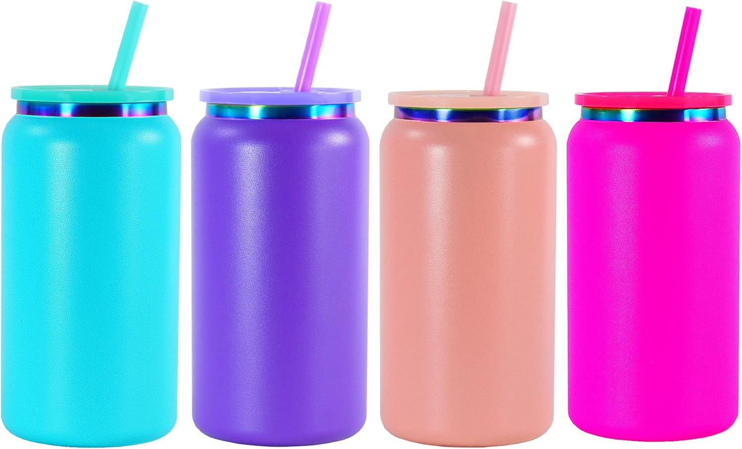 AGH 16oz Stainless Steel Can Tumbler with Lids and Straws,Double wall Rainbow Electroplate Drinking Cups,Reusable Water Tumbler with straws For Ice Coffe Juice Smoothie cup.4 Colors,4pack