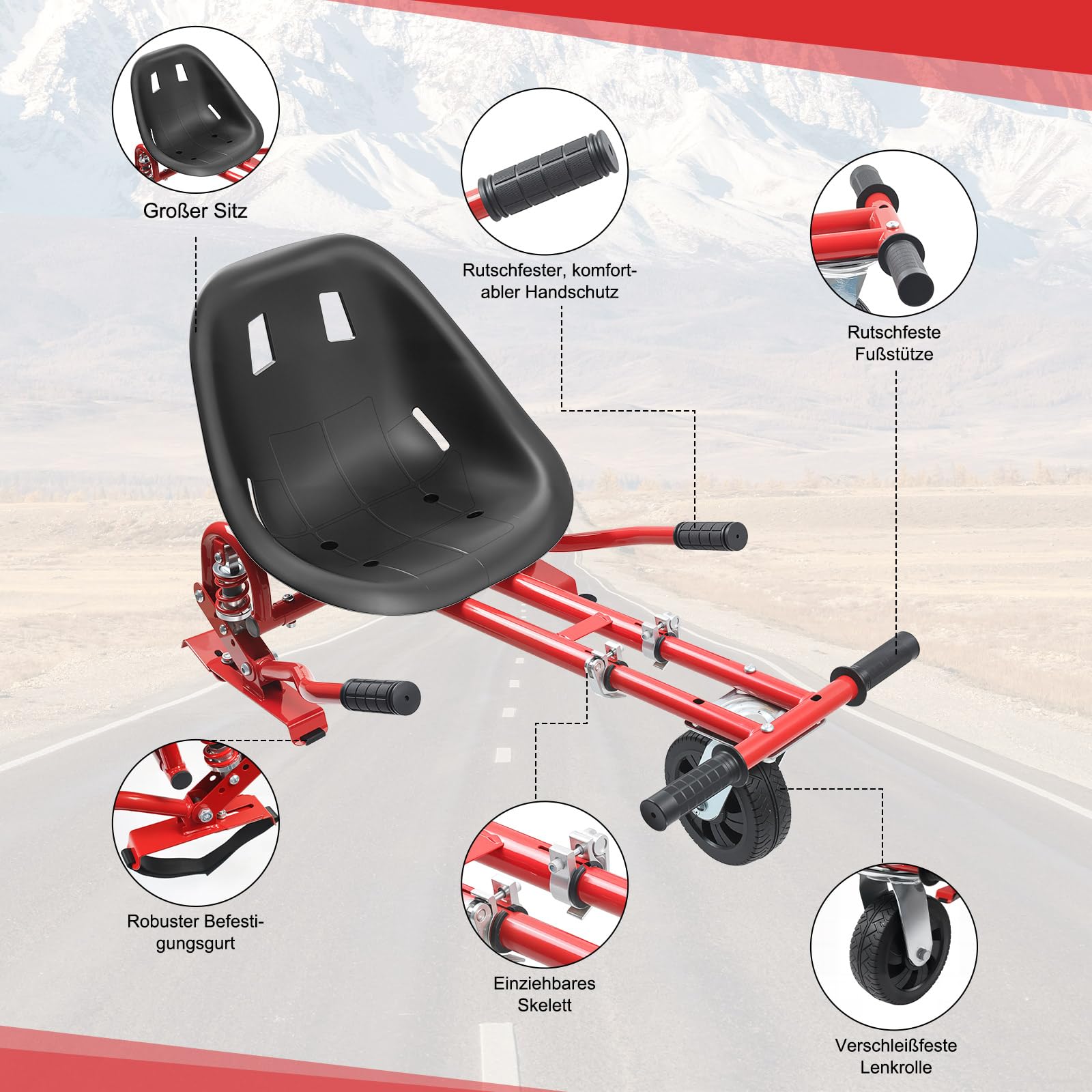 Hoverkart siedzisko Hoverkart do uniwersalnej hulajnogi z innowacyjnym zawieszeniem, amortyzatory wypełnione powietrzem opony przednie, Hovercart regulowany uchwyt
