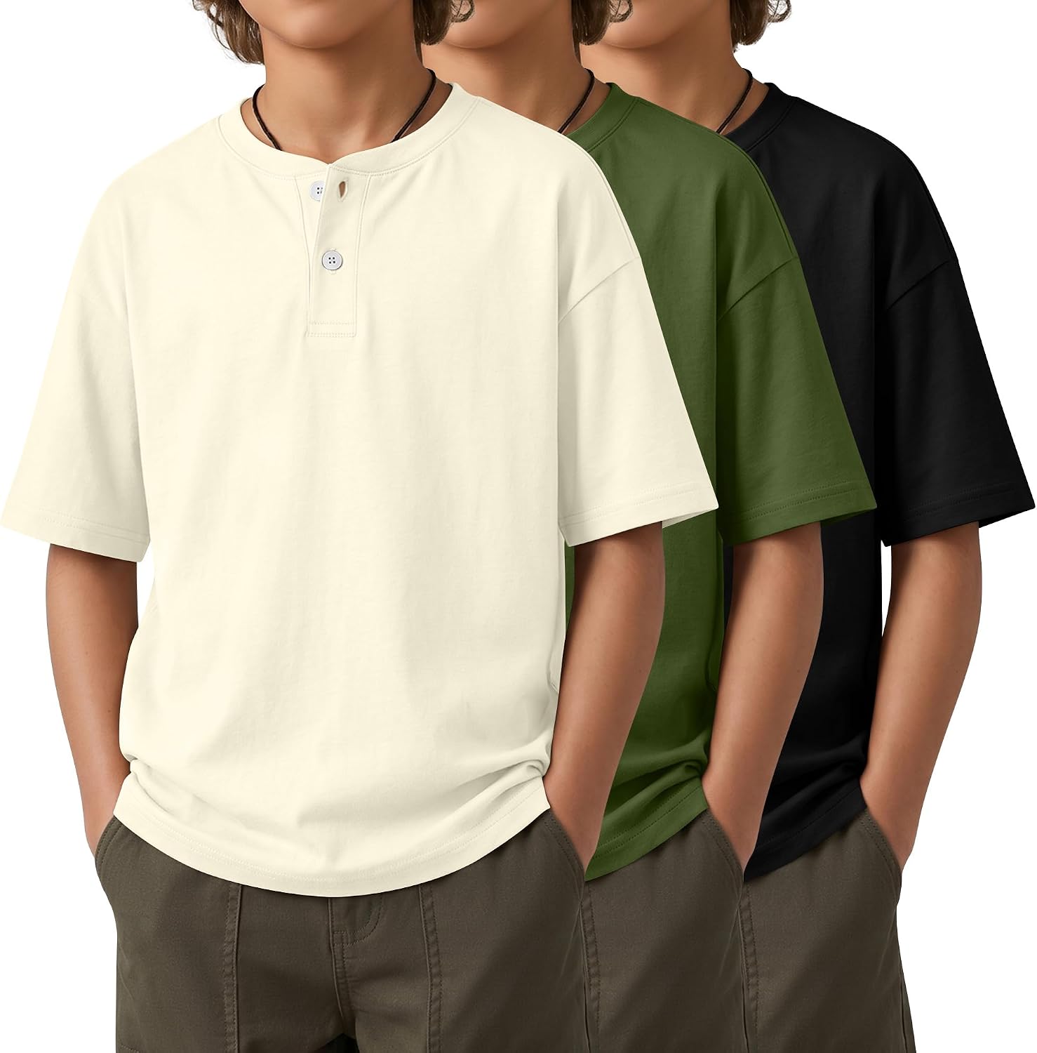 3 Pack Boys Henley Short Sleeve Shirt Teens Oversized Summer Tees Youth Kids Lightweight Tops Button Casual Clothes