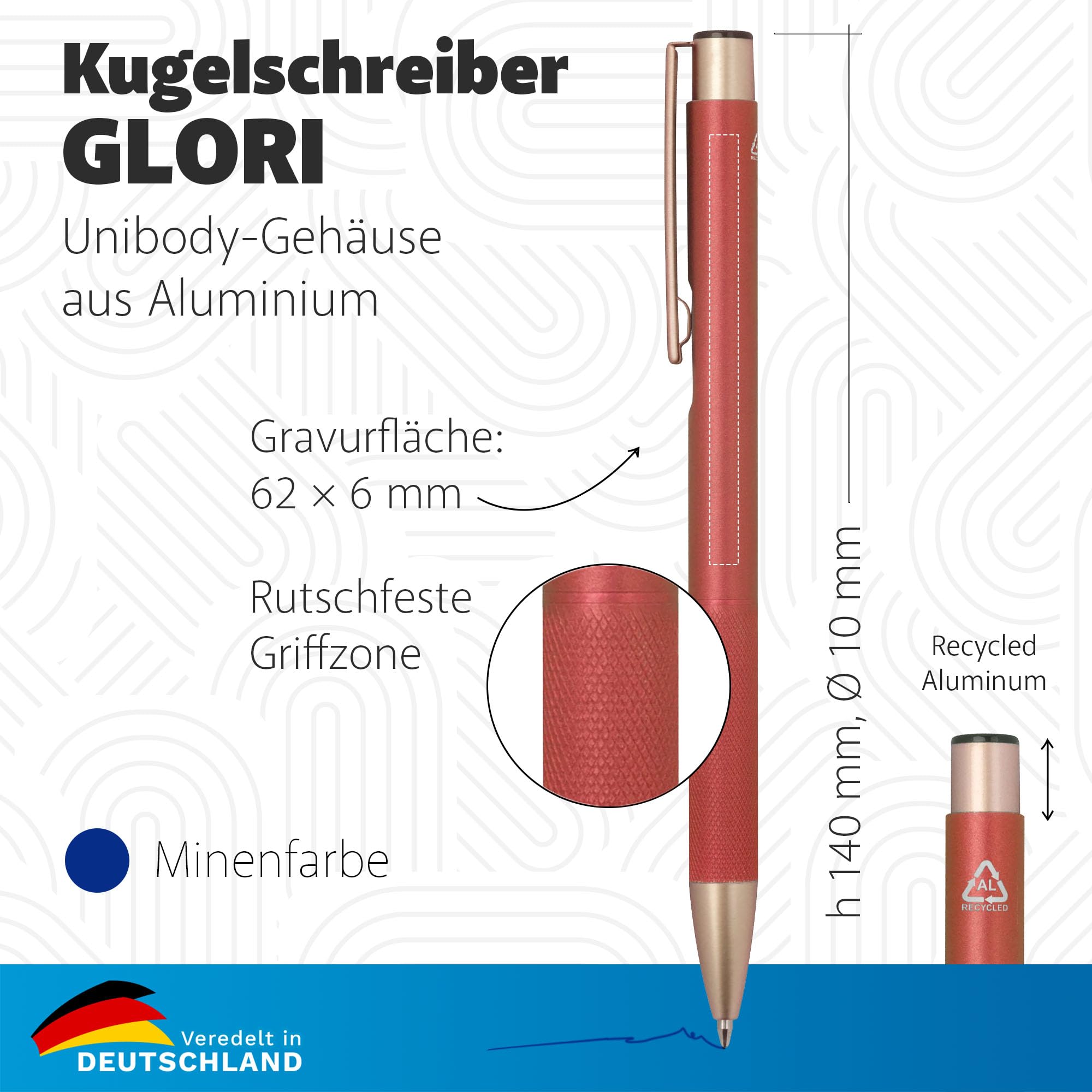 GLORI 50 x Kugelschreiber aus recyceltem Aluminium mit Gravur – Wunschgravur & Personalisierung als Geschenk oder Werbegeschenk – ROT