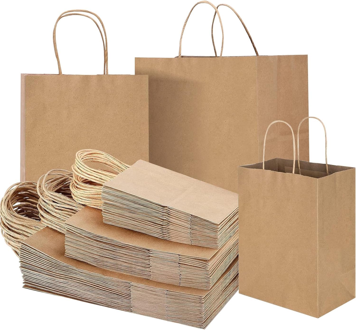 COGLARING 150 szt. brązowych torebek z papieru kraftowego z uchwytami, różne rozmiary do sprzedaży detalicznej, na wynos, piekarnię i upominki na imprezy, trwałe torby na zakupy i prezenty na towary