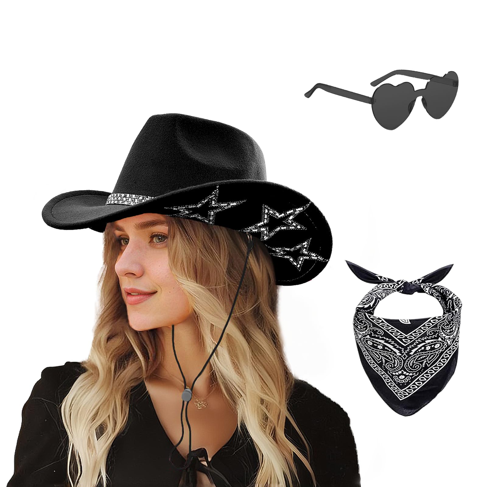 Dajooee Unisex Black Cowgirl Hat With Bandana & Heart Sunglasses | Glitter Star Cowboy Hat | Western Sparkly Hats For Women & Men (Uk, Alpha, One Size, M, )