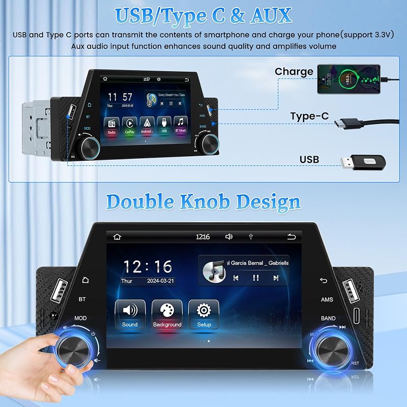 Hikity 5" Autórádió 1DIN Wireless CarPlay Android Érintőképernyős Bluetooth