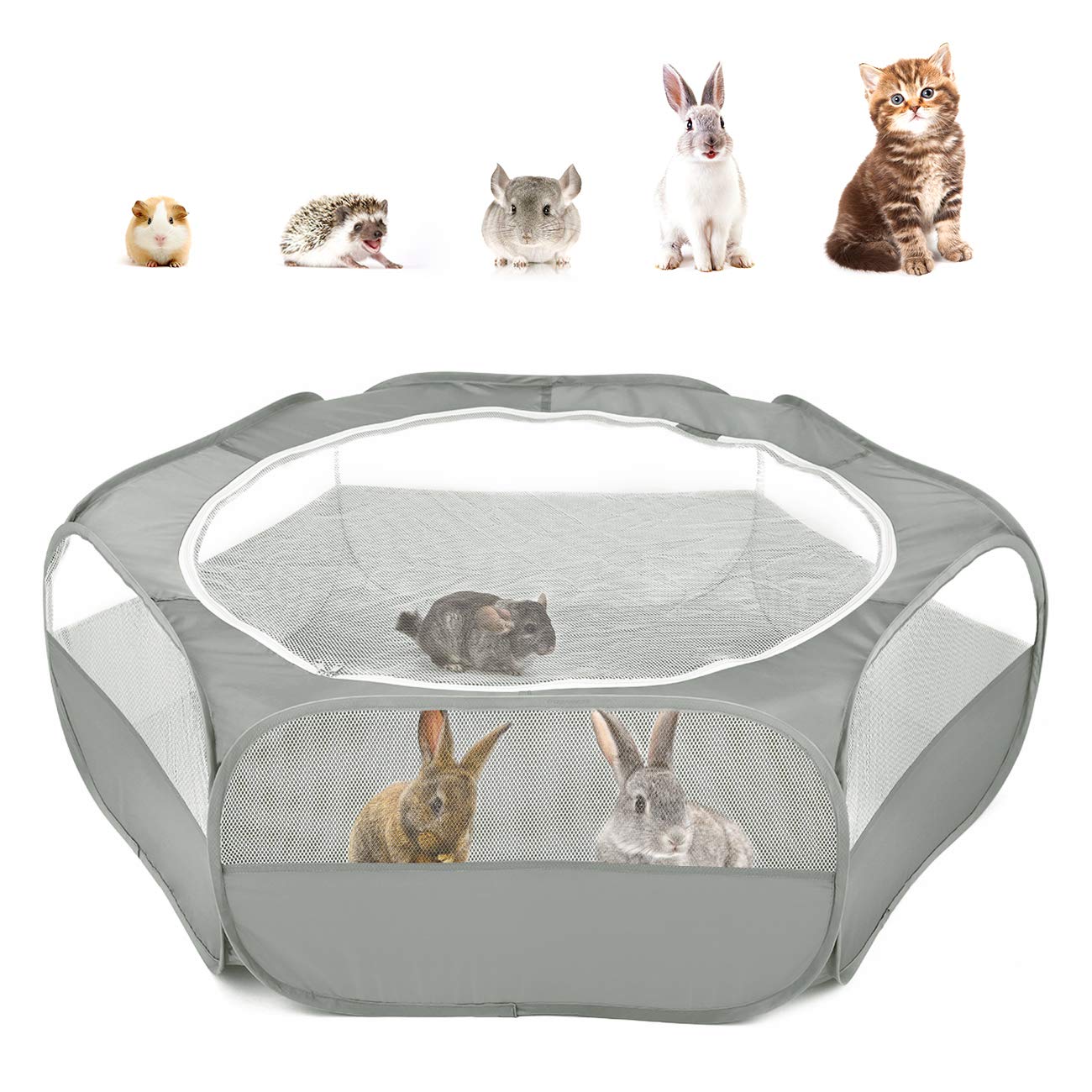 PawabooSmall Animals Playpen, Breathable & Waterproof Small Pet Cage Tent with Zippered Cover, Portable Outdoor Yard Fence for Kitten/Puppy/Guinea Pig/Rabbits/Hamster/Chinchillas, Gray