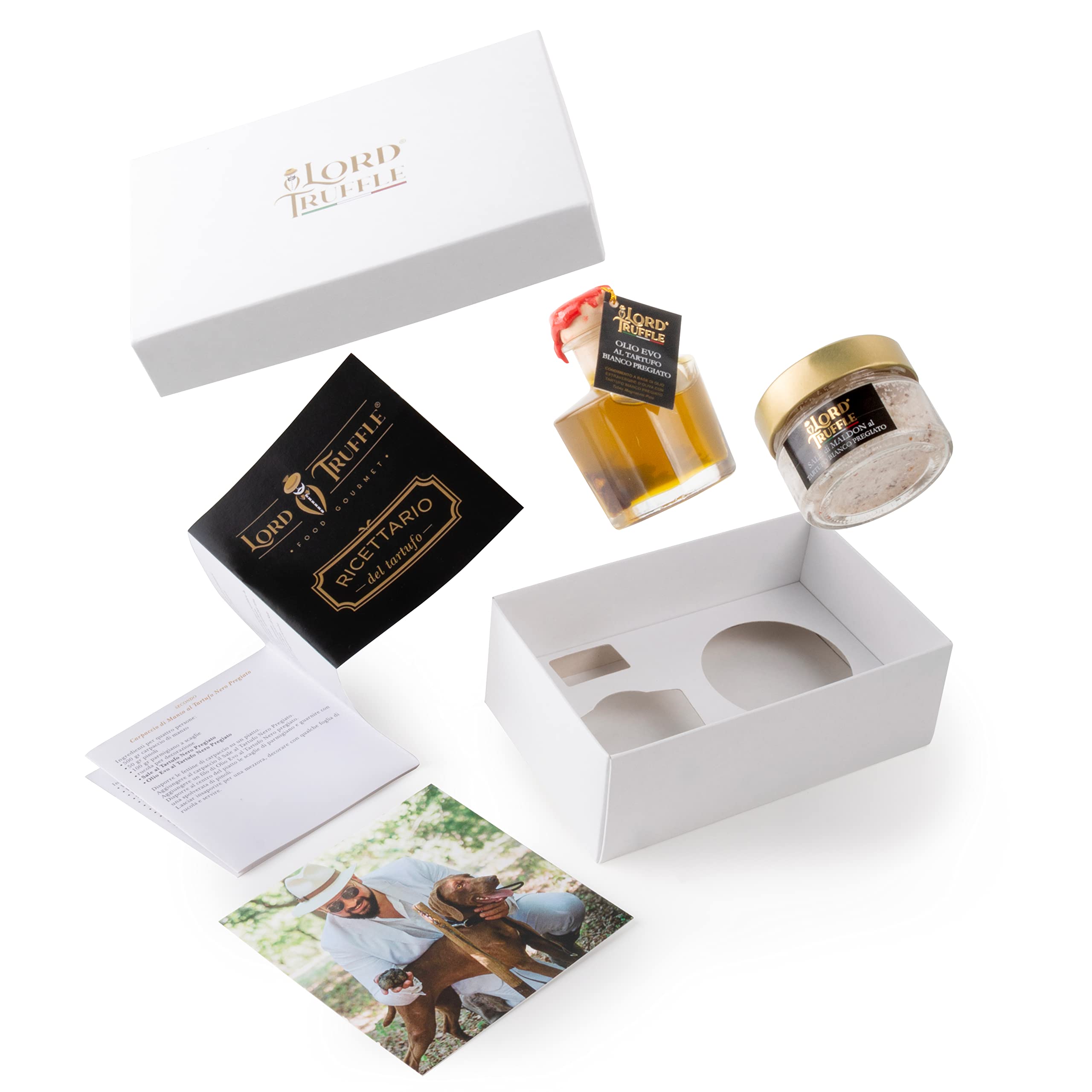 Lord Truffle | Set Regalo Lusso: 1 Olio EVO Italiano al Tartufo Bianco Pregiato 100ml e 60 g di Fiocchi di Sale Maldon con Tartufo Bianco Italiano Pregiato, Qualità 100% Italiana
