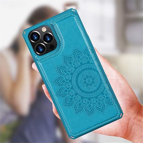 Miniatura 8 de iCoverCase Funda compatible con iPhone 12 Pro Max con tarjetero y correa de muñeca de piel sintética con bloqueo RFID de 6.7 pulgadas (azul mandala)