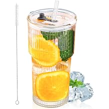 20oz Glass Tumblers with Lid and Straw, Ribbed Glass Iced Coffee Cup with Lid, Wide Mouth Thickened Vintage Glass Cup, Drinking Glasses Tumbler for Smoothieds, Cocktails, and Juices