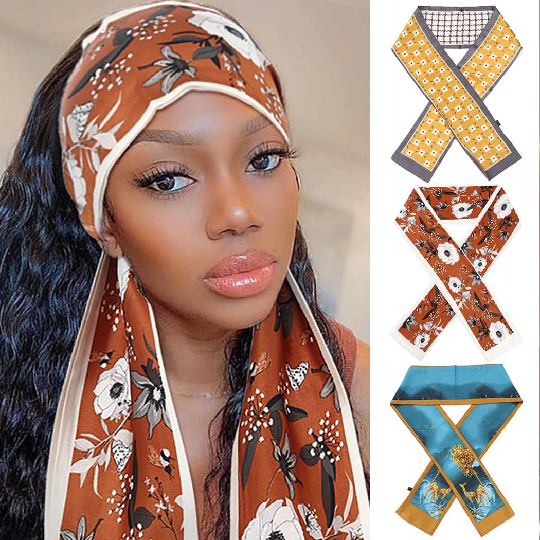 FormeryFloral Satin Edge Laying Scarf Yellow Flower Silk African Head Wraps Wig Edge lay Headbands for Women and Girls (3PCS)