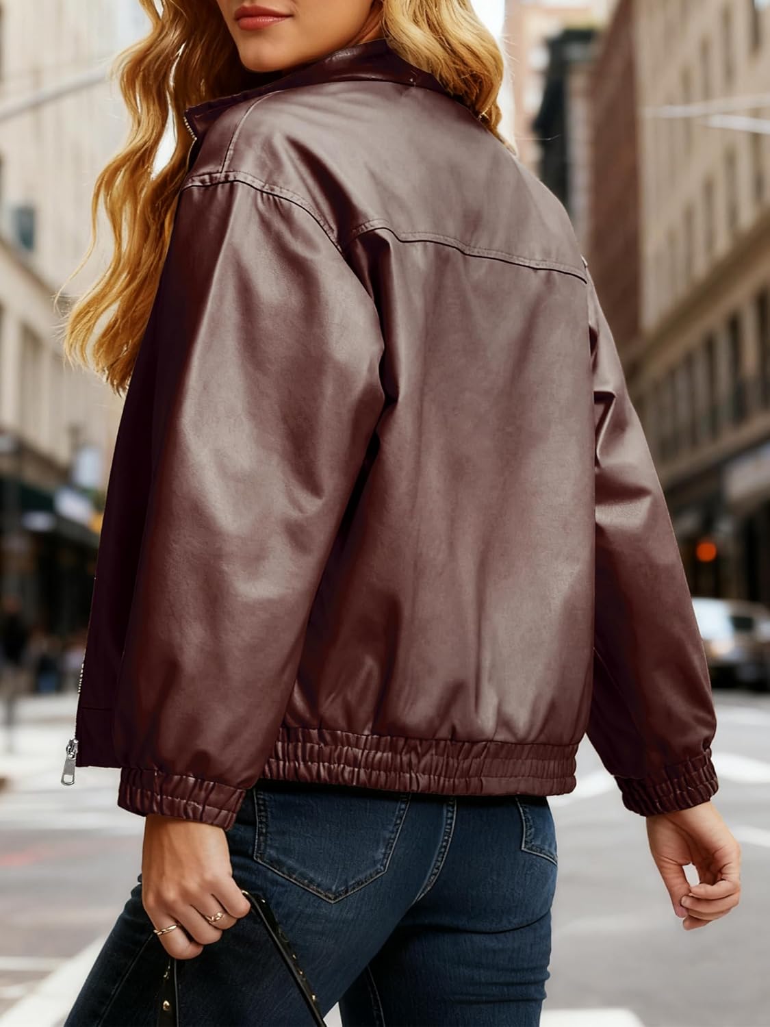 Casly Lamiit Women's Faux Leather Jacket Oversized Winter Stand Collar Double Zipper Casual Motorcycle Bomber Coat Outwear - Image 2