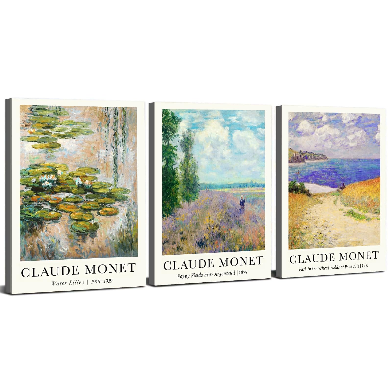 Claude Monet Framed Prints Wall Art Impressionist Wall Pictures for Living Room Water Lilies Poppy Fields Seaside Path Aesthetic Vintage Gallery Wall Paintings Decor for Bedroom Hallway 30x40cm 3Pcs