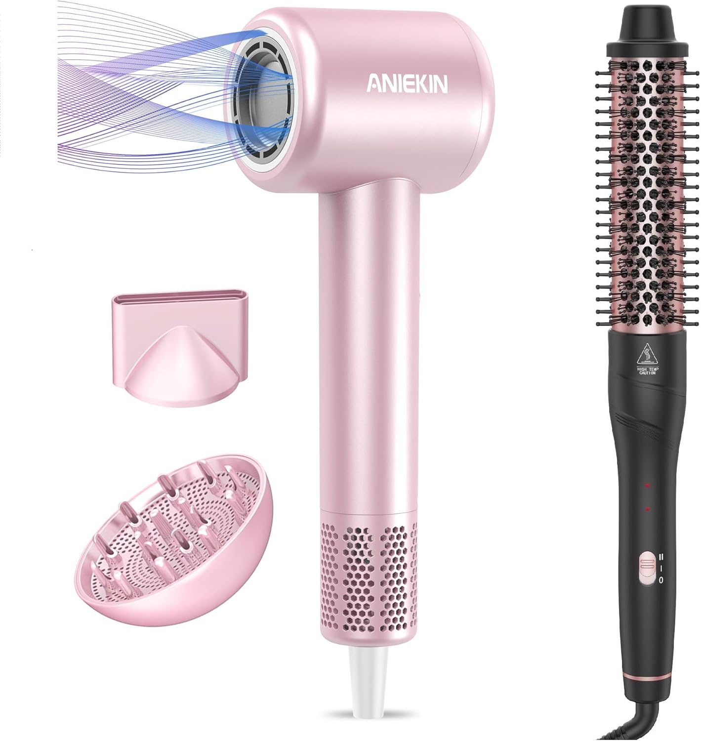 Aniekin High-Speed Hair Dryer with magnetic diffuser and nozzle, alongside a curling brush.