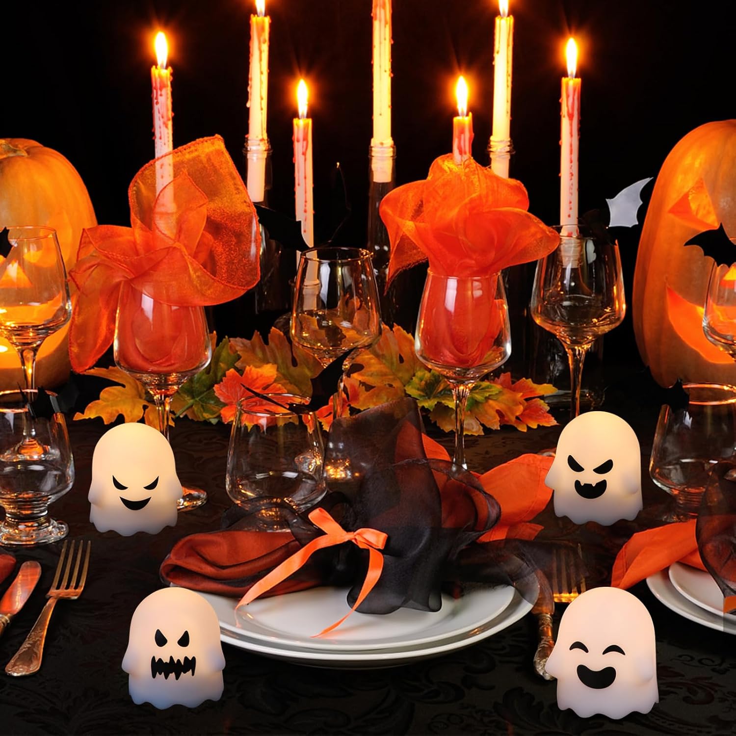 Eldnacele Ghost Flickering Flameless Candles with Remote & Timer,Battery Operated Warm Light White Plastic LED Candles Set of 6 for Halloween Indoor Spooky Face Ambiance Decor(2×2 .4Inches)