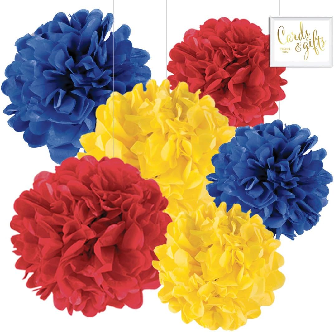 Andaz Press Hanging Tissue Paper Pom Poms Party Decor Trio Kit with Free Party Sign, Red, Yellow, Royal Blue, 6-Pack, for Baby Bridal Shower Decorations